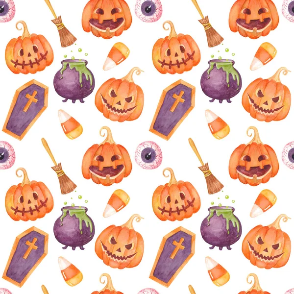 Watercolor Halloween Pattern Pumpkin Jack Lantern Bloody Eye Candy Corn — Foto Stock