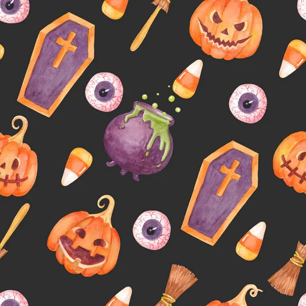 Watercolor Halloween Pattern Pumpkin Jack Lantern Bloody Eye Candy Corn — Photo