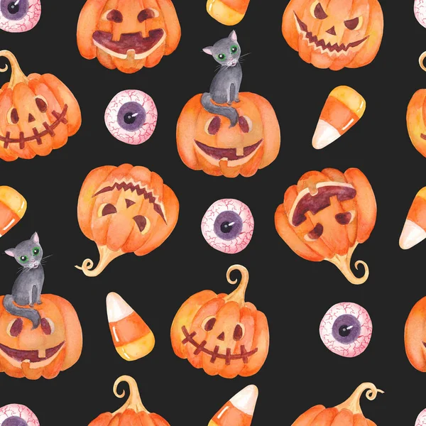 Watercolor Halloween Pattern Pumpkin Jack Lantern Gray Cat Bloody Eye — Foto Stock