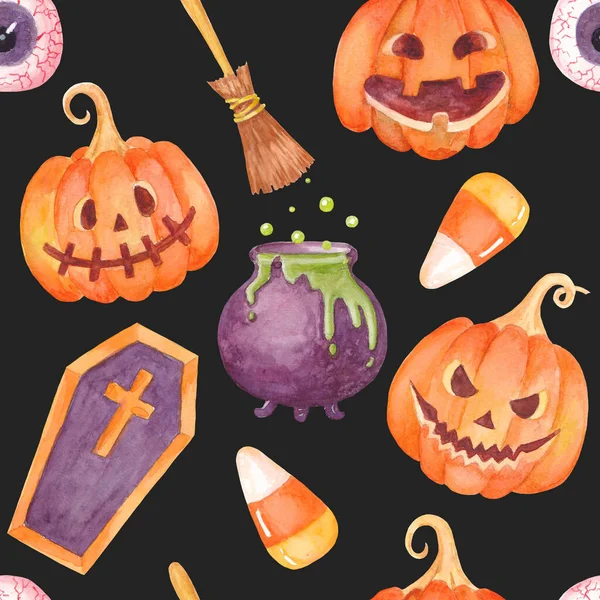 Watercolor Halloween Pattern Pumpkin Jack Lantern Bloody Eye Candy Corn — Foto Stock