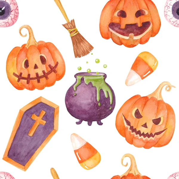 Watercolor Halloween Pattern Pumpkin Jack Lantern Bloody Eye Candy Corn — 스톡 사진