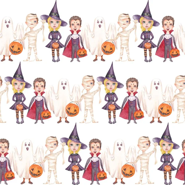 Watercolor Halloween seamless pattern with cute kids dressed in Dracula, mummy, ghost and witch costumes. Halloween backround. Trick or treat.