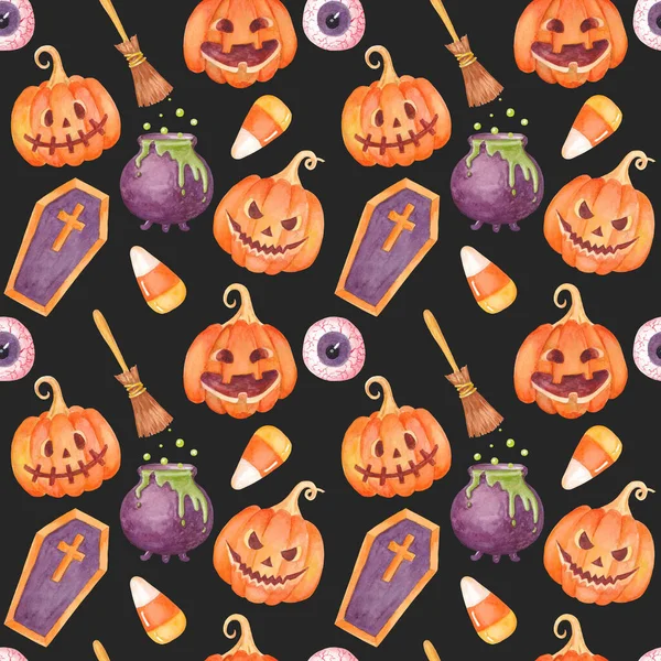 Watercolor Halloween pattern with pumpkin Jack-o-lantern, bloody eye, candy corn, broom, sweets, coffin, pot with potion. Trick or Treat. Halloween backgound