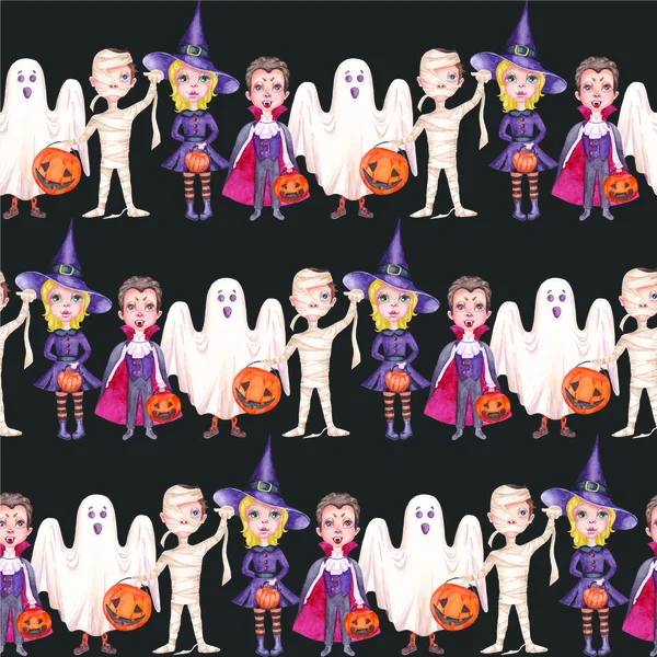 Watercolor Halloween Seamless Pattern Cute Kids Dressed Dracula Mummy Ghost — Photo