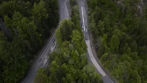 Piękne epickie krajobrazy na wakacje van life trip. Zdjęcie z lotu drona nad nawijającą się górską drogą między drzewami. — Wideo stockowe