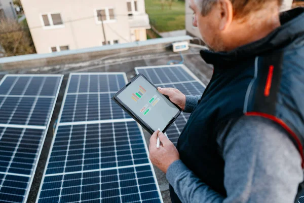 Mühendis tablet uygulaması fotovoltaik güneş panellerini kontrol ediyor. Yenilenebilir enerji, servis, güneş enerjisi uygulaması