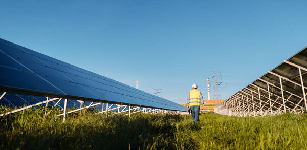 Solar Engineer Checking Photovoltaic Panels Solar Farm Cover Photo High Stock Image