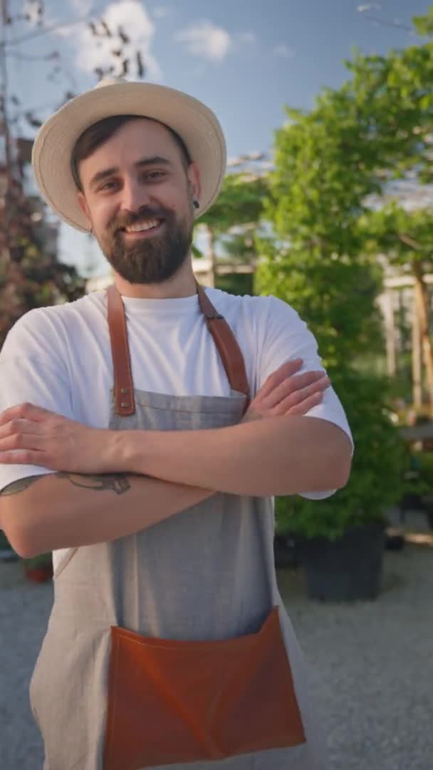 Portrait Male Gardener Garden Centre Shop Assistant Looking Camera Vertical — Stock Video