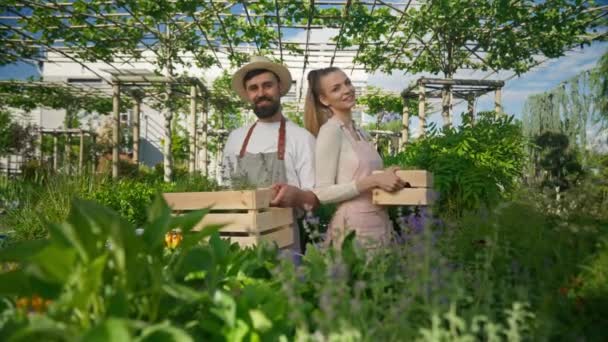 Les Jardiniers Dans Les Tabliers Regardent Caméra Photo Haute Qualité — Video