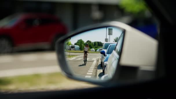 Female Racing Cyclists Wearing Helmet Riding Summer Road Shot Car — Video