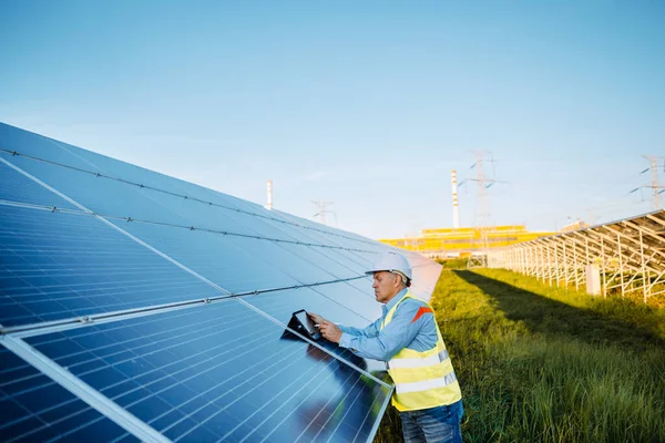 Mature industrial worker using tablet while monitoring rows of photovoltaic solar panels at sunset. Solar park and alternative energy concept