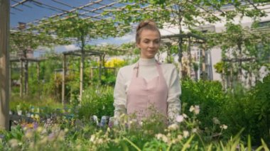 Portrait of young caucasian woman looking to camera . Female farmer in casual clothes and apron uniform posing while standing in greenhouse. Concept of farming