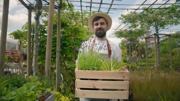 Portrait Confident Men Gardener Holding Wooden Box Pots Decorative Flowers — Αρχείο Βίντεο