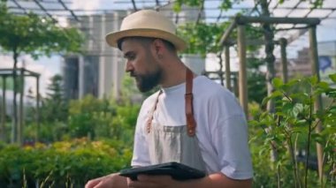 Çiftçi iş adamı tablet bilgisayar kullanıyor. Çağdaş serada tarım sistemini kontrol ediyor. Sera işçisi bir tablet bilgisayar kullanarak bitkilerin büyümesini kontrol ediyor.