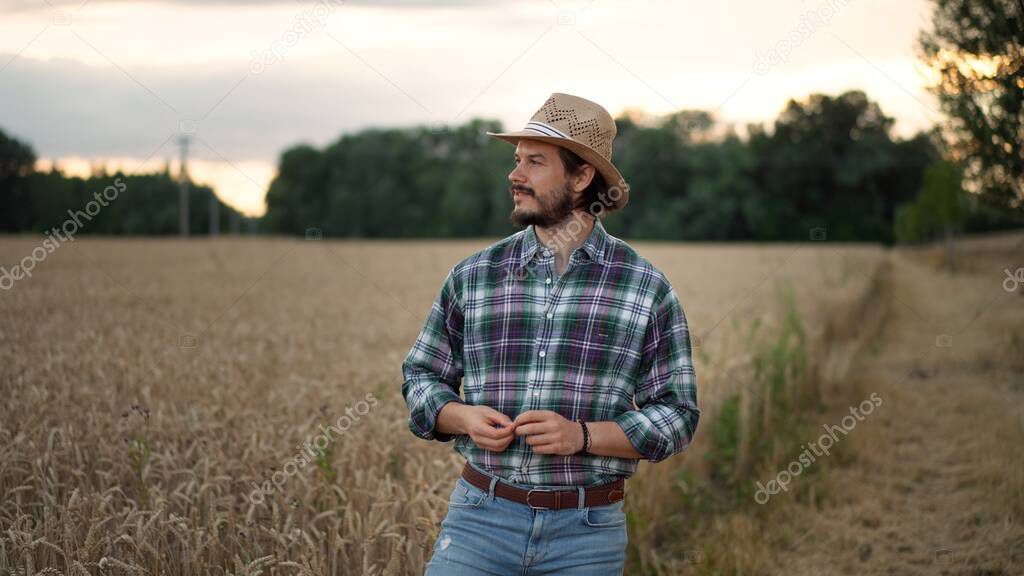 Eco culture farm. Farmer agronomist in the field at the evening. Young farmer, business owner looks at the camera in the field. Senior agronomist posing alone after checks eco-crops