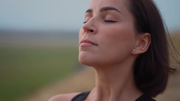 Head Shot Portrait Young Peaceful Woman Breathing Fresh Air Enjoying — Stock video