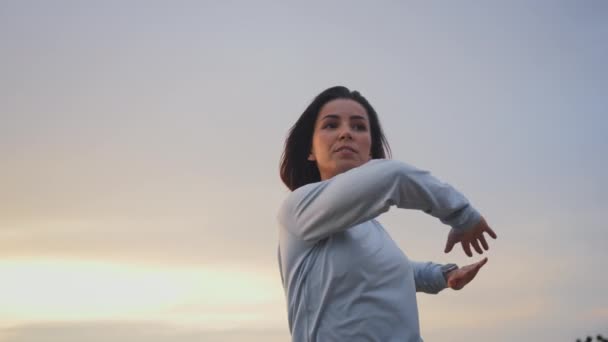 Woman Standing Warming While Making Preparation Jogging Run Girl Twisting — Stockvideo