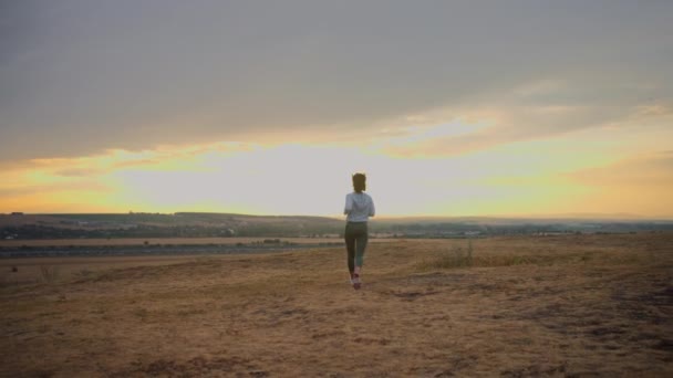 Back View Young Sporty Girl Running Rural Field Sunset Summer — Vídeo de Stock