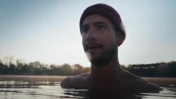 Young Man Hat Bathing Ice Water Alone Morning Boy Man — Αρχείο Βίντεο