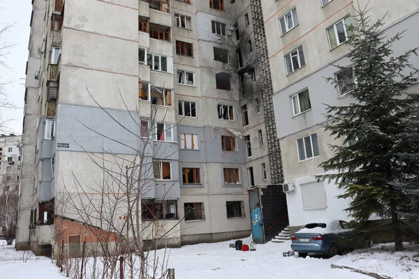 View of the building in Kharkiv city, Ukraine, after shelling of Russian army over civilian buildings, March 2022