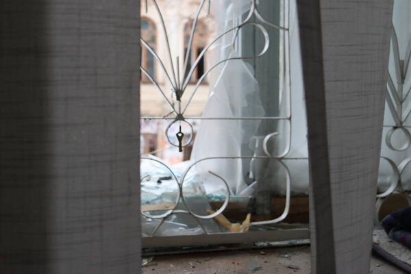 Broken window after shelling of Russian army in the Fine Arts Museum in Kharkiv 