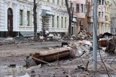 A ruined quarter in Kharkiv after shelling by the Russian army