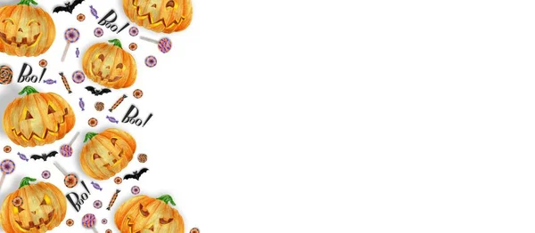 Cartaz de Halloween com doces de Halloween e laranja abóbora de Halloween — Fotografia de Stock