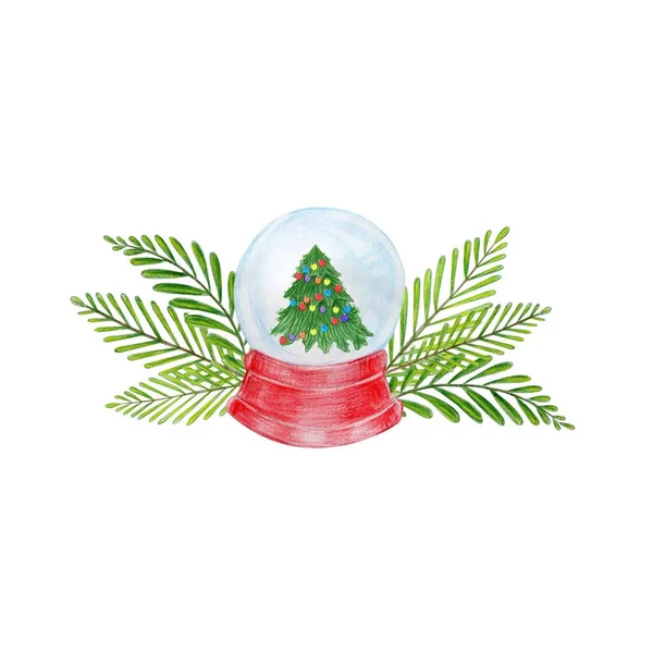 Aquarelle mignonne illustration de Noël, boule de verre avec neige et arbre de Noël. — Photo