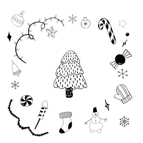 Vektör el, Noel temasına nesneler ve sembollerden oluşan Doodle çizgi film setini çizdi