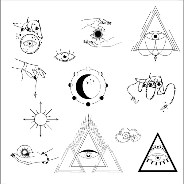 Set of sun, moon, stars, clouds, and esoteric symbols. Esoteric symbols, alchemy and witchcraft vector