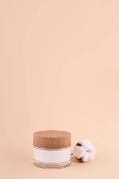Jar Moisturizer Cotton Sprig Beige Background Natural Beauty Product Organic — ストック写真