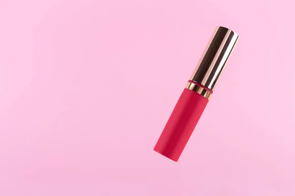 Lipstick Levitation Pastel Pink Background Liquid Lip Stick Red Lip — Stock fotografie