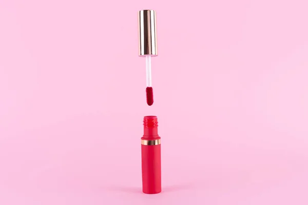 Lipstick Applicator Wand Pastel Pink Background Liquid Lip Stick Red —  Fotos de Stock