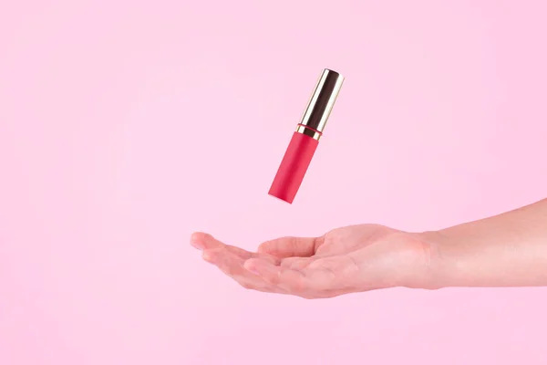 Female Hand Holding Red Lipstick Equipment Maquillage Make Visagist Place — Stock Fotó