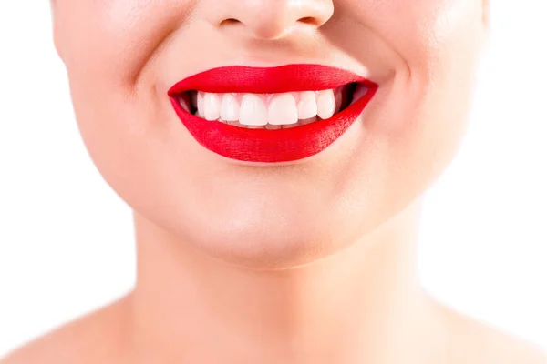 Close Portrait Beautiful Wide Smile Whitening Teeth Perfect Red Lips —  Fotos de Stock