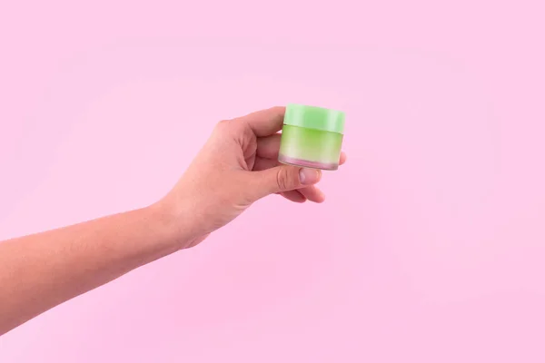Female Hand Holding Unbranded Green Plastic Tube Flacon Cream Toiletry — ストック写真