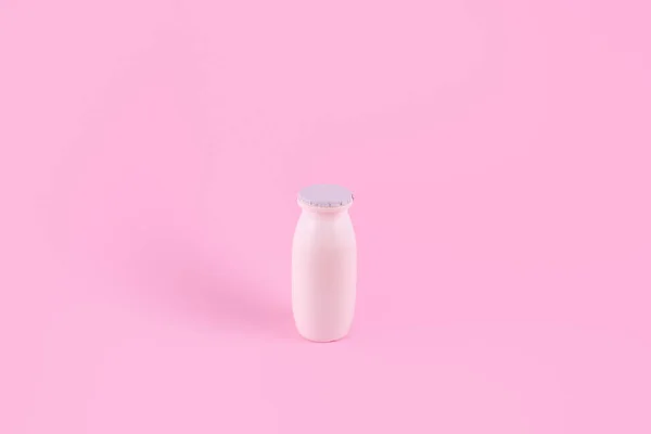 Natural Liquid Yogurt Probiotics Small Plastic Bottles Pink Background Healthy — ストック写真