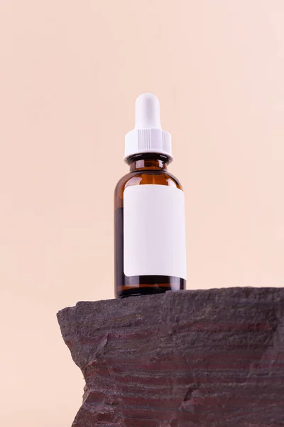 Brown Bottle Dropper Beauty Serum Granite Stone Beige Background Glass —  Fotos de Stock