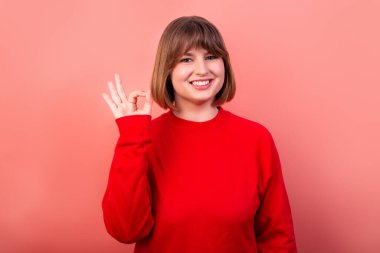 Close-up portrait of her she nice attractive lovely cheerful cheery girl showing ok-sign ad solution good choice isolated on pink color background