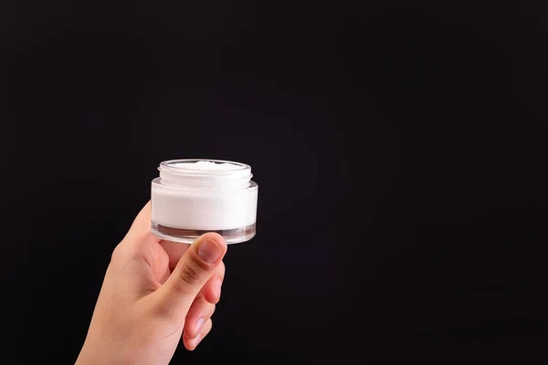 Glass Jar White Moisturized Cream Female Hand Black Background Body — 스톡 사진