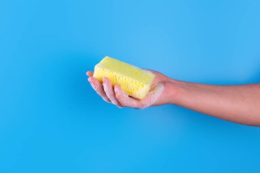 Persons hand holding yellow sponge for dish wash. Washcloth covered in soap. Domestic chores and supplies concept. Sensitive dishwashing detergent. Copy space in left side. Isolated on blue