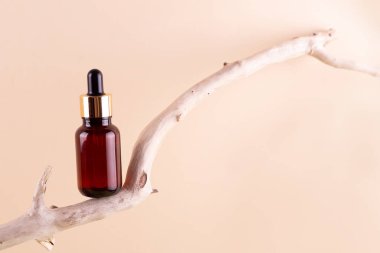 Natural herbal serum in glass bottle with a pipette for feminine hygiene stands on wooden stick, beige background. Dry skin care in summer. Beauty spa product in transparent packaging. Copy space