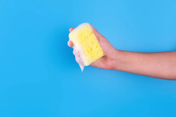 Persons Hand Holding Yellow Sponge Dish Wash Washcloth Covered Soap — Foto de Stock