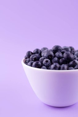 Beautiful fresh blueberries in a white bowl on a purple backgroun