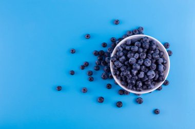 Fresh blueberries in white bowl on blue background. Flat lay, top view