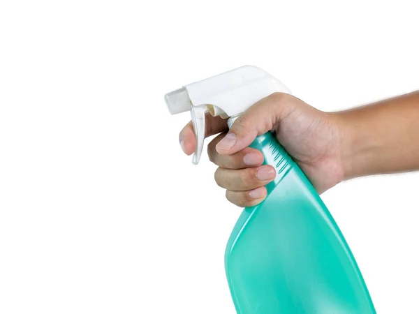 Hand Holding Green Spray Bottle Various Spray Nozzles Cleaning Agents — 스톡 사진