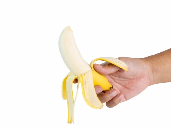 手握一根香蕉 成熟的金黄色 随时可以吃的外壳富含营养物质 在白色背景的演播室里拍摄效果很好 剪接路径和复制空间相互隔离 — 图库照片