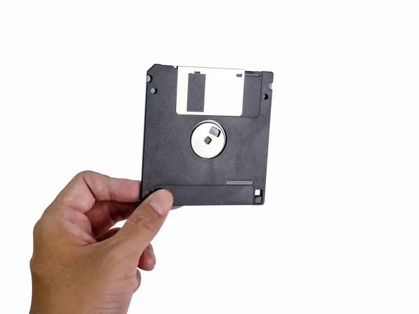 Hand Holding Floppy Disc Insert Reader Read Write Data Technology — Stock Photo, Image