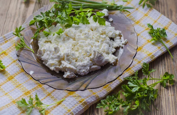 Fromage Cottage Dans Une Assiette Sur Table Herbes Fraîches — Photo