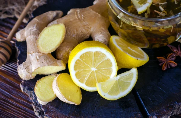 Ginger Root Anginger Root Lemon Wooden Texture Circle Cup Tea Stock Picture